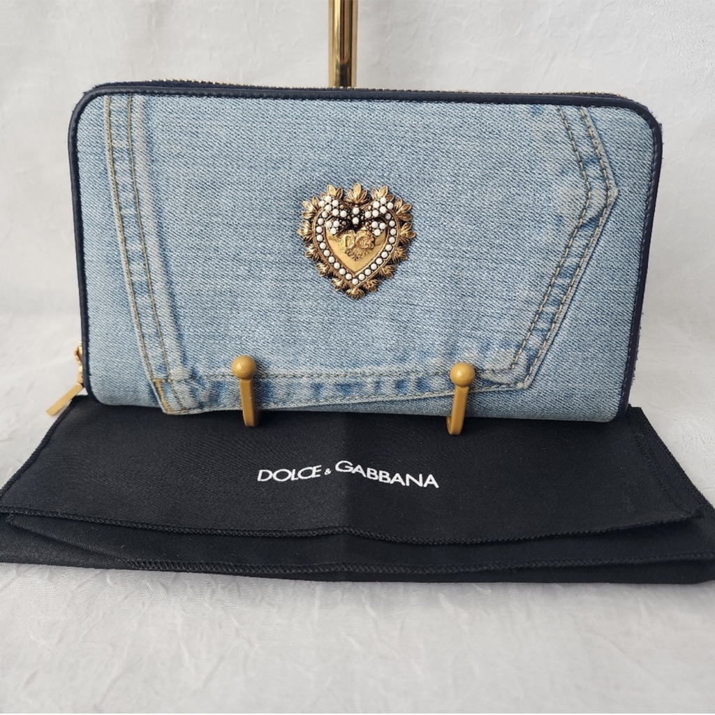 Dolce & Gabbana Light Blue Denim Zip-Around Wallet With Gold Heart Embellishment